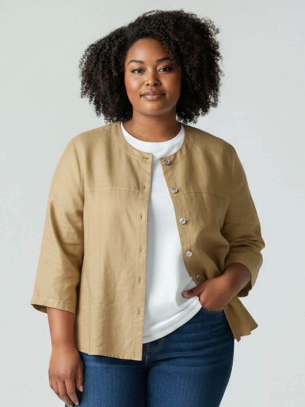 David Dart Womens 1X Lt Beige Linen Silk 3/4 Sleeve Button Up Blouse Top Shirt